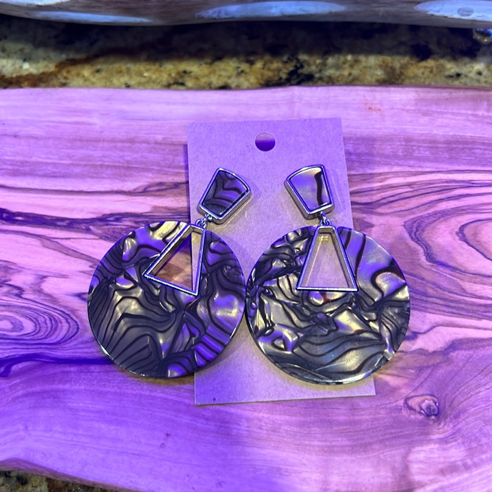NEW Earrings, Brown tones with black undertones and silver design, 2 1/2”